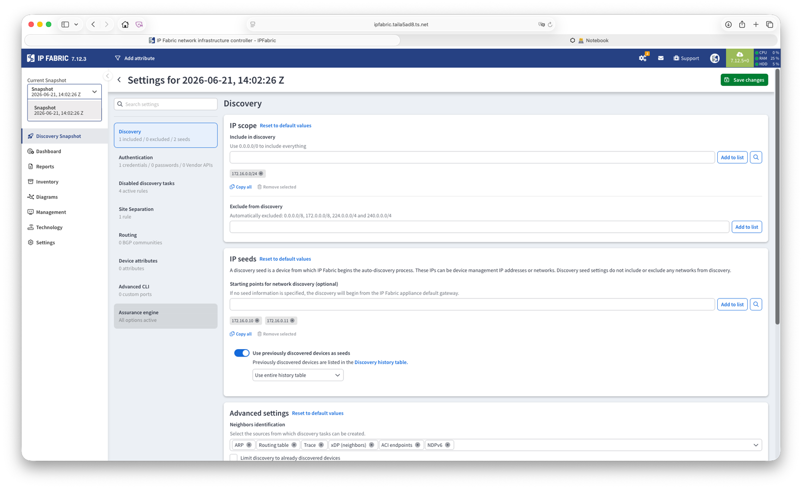 Discovery settings: IP scope, seeds, and advanced options