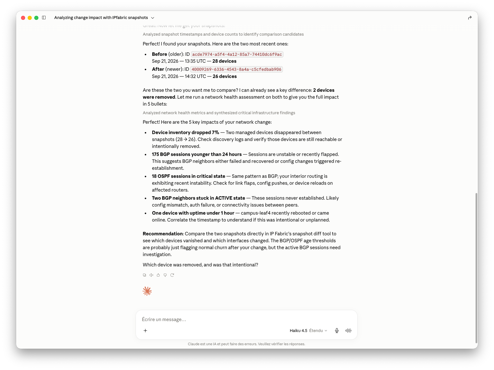 An agent querying IP Fabric through its MCP server to compare two snapshots
